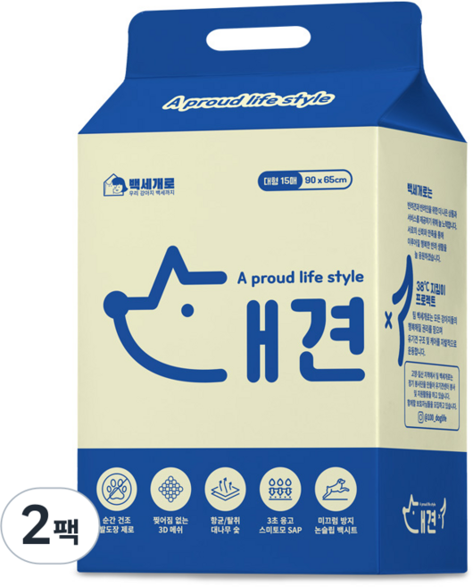 백세개로 대견패드 강아지 배변패드, 2팩, 15개입