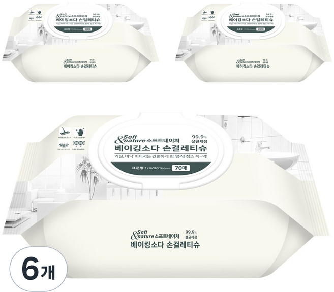 소프트네이쳐 베이킹소다 손걸레티슈 캡형 습식, 65g, 70매, 6개