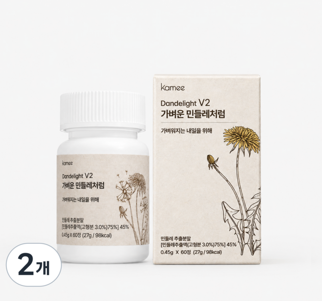 KAMEE 카미 가벼운민들레처럼 고함량 민들레 브로멜라인 V2, 2개, 60정