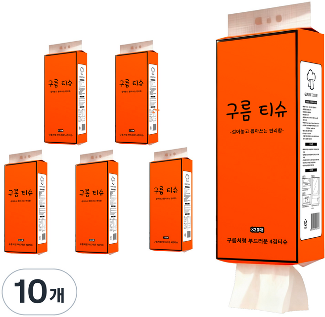 구름티슈 걸어쓰는 4겹 티슈 벽걸이형 화장지, 320매, 10개