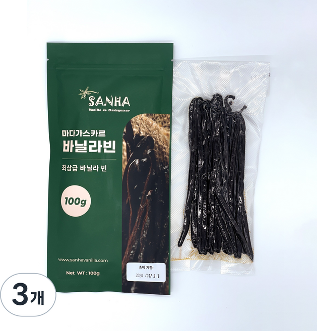산하 마다가스카르 최상급 버번 바닐라빈, 3개, 100g