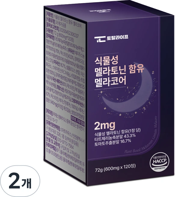 토탈라이프 식물성 멜라토닌 함유 멜라코어 2mg 4개월분, 2개, 120정 - 쿠팡