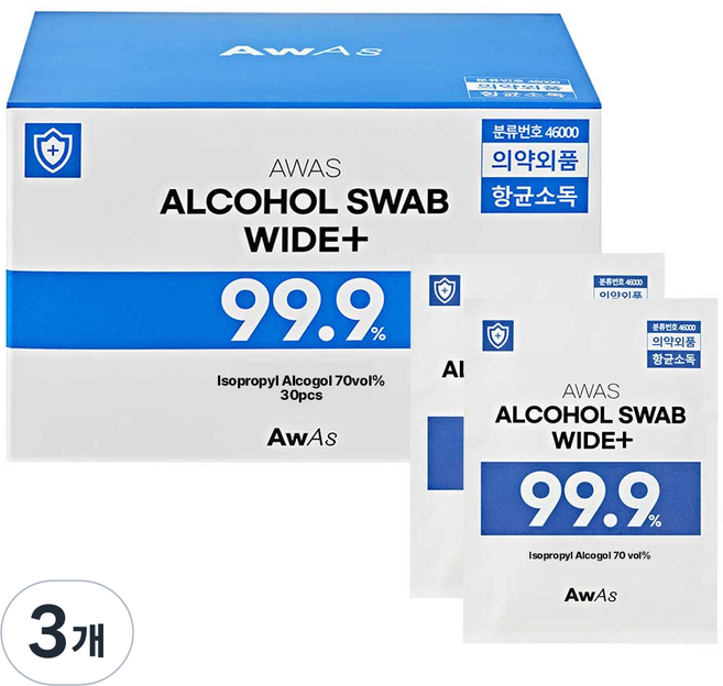 AWAS 일회용 이소프로필 알콜스왑 와이드 대형, 30매입, 3개