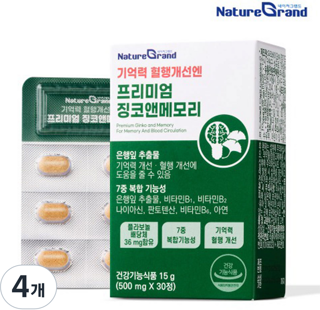 네이처그랜드 프리미엄 징코 메모리 1개월분 기억력개선 은행잎추출물, 4개, 30정