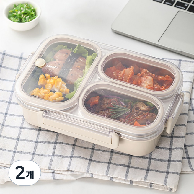 직장인 도시락통 스텐 런치박스 소풍도시락, 2개, 3단 베이지