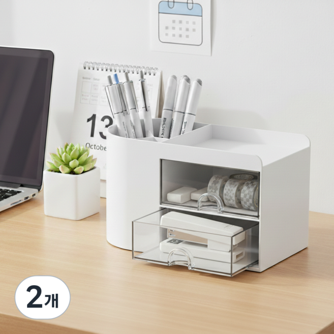 일상의힘 데스크 오거나이저 라운드형 펜홀더, 2개, 화이트