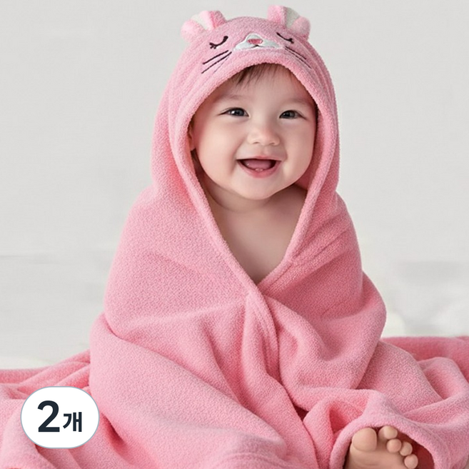 에뜨람 아기 목욕타올 샤워가운 수건 신생아 순면 베이비 후드 비치 KC인증상품, 바니 핑크_목욕타올, 2개