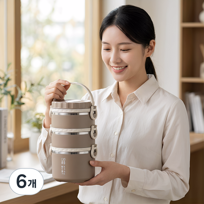 MEMEU 304 스테인리스 3단 보온 도시락 YDS-116, 6개, 브라운