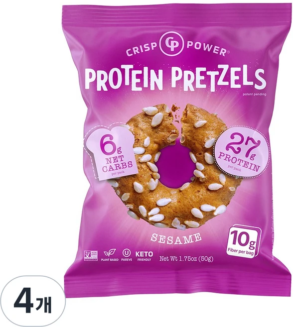 크리스프파워 프로틴 프레첼 참깨맛 단백질 보충 건강 스낵, 4개, 50g - 쿠팡