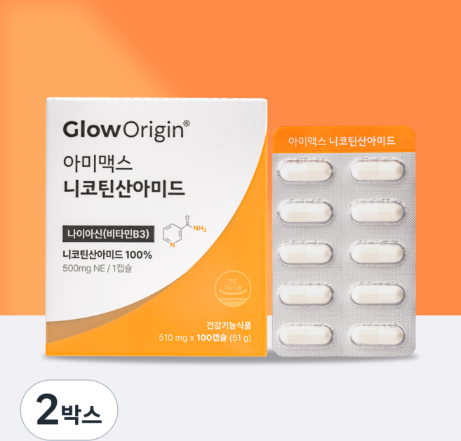 글로오리진 아미맥스 비타민B3 고용량 500mg 니코틴산아미드 나이아신아미드, 2박스, 100정