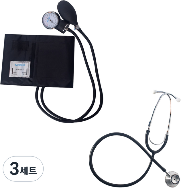 (의료기기) 메디위 수동 메타 아네로이드 혈압계 WEBP-+ 양면청진기 WES-30B 전문가용 실습용, 3세트, 상세 설명 참조