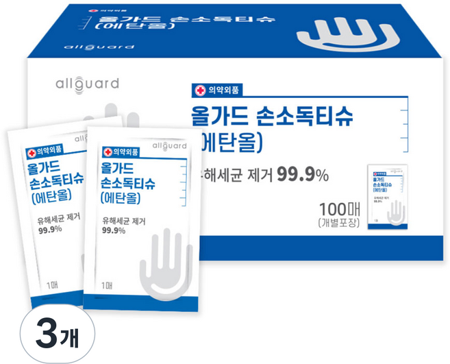 올가드 일회용 손소독티슈 낱개포장형, 100개입, 3개