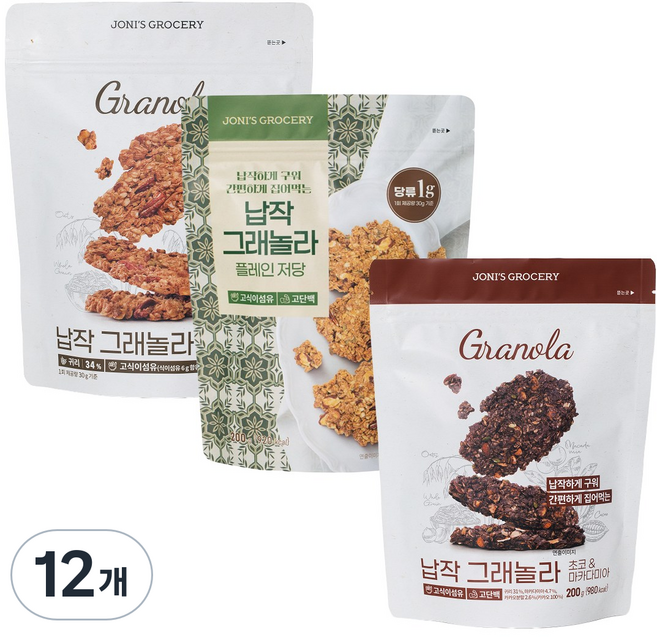 [3가지 맛] 조니스그로서리 납작 저당 그래놀라 3가지 맛 무가당 저가당 쿠키 간식 무설탕 통곡물 그레놀라, 12개, 200g