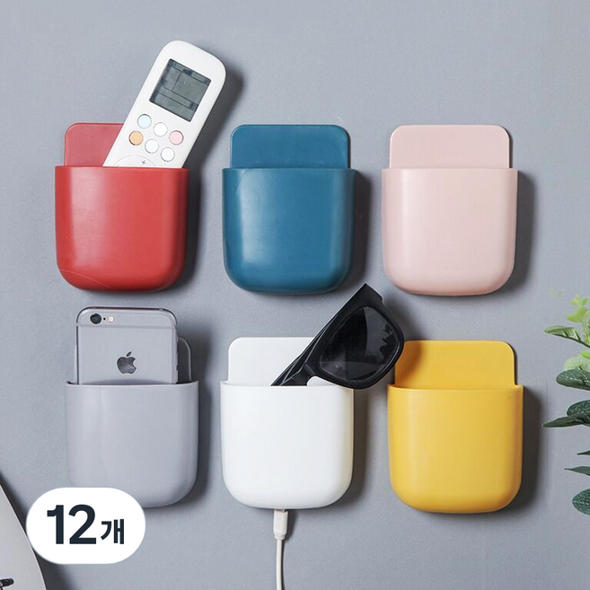 레디박스 알록달록 컬러박스 부착식 멀티수납 리모컨 핸드폰 거치대, 12개, 핑크