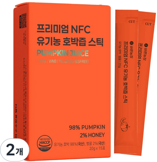 효과빠른 국내산 유기농 호박즙 물 한방울 넣지않은 진한 바른농장 NFC착즙, 2개, 300g - 쿠팡