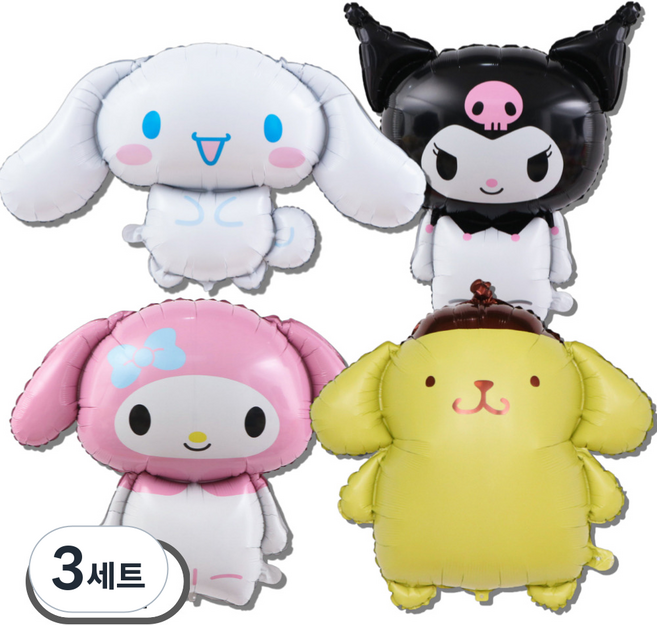 스마일파티 산리오 시나모롤 쿠로미 마이멜로디 폼폼푸린 대형 풍선, 3세트, 캐릭터4종