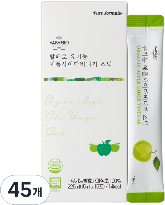 발베로 유기농 애사비 애플사이다비니거 사과 식초 스틱, 45개, 15ml