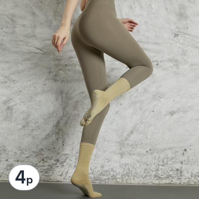 [3:100] 다섯 발가락 요가 필라테스 여성용 장목 양말 토삭스 발가락양말, 4p, 카키