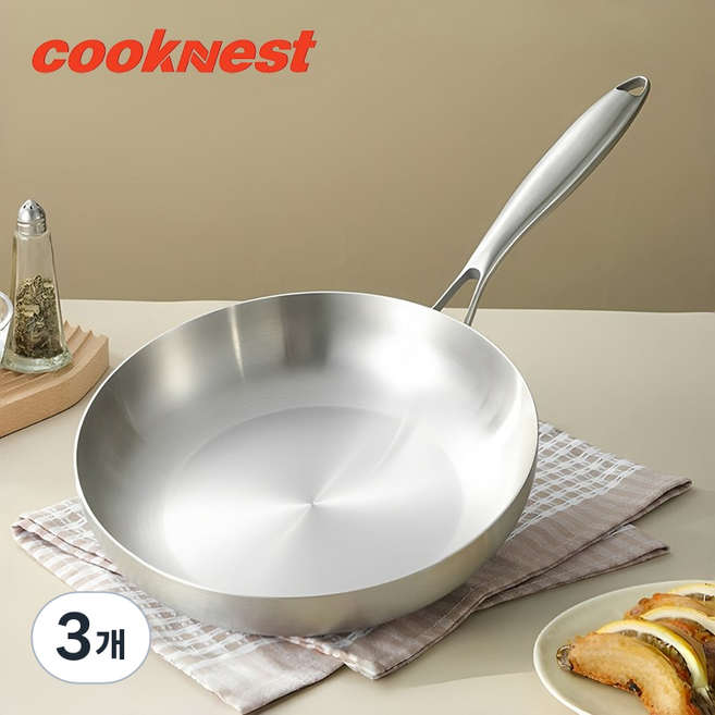 CookNest 304 스테인리스 통3중 인덕션 후라이팬 스텐 프라이팬, 3개, 24cm