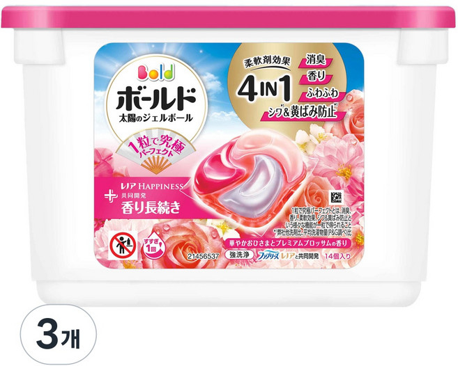 P&G 일본 다우니 보르도 캡슐세제 섬유유연제 +세제 4 in 1 프리미엄 로즈 블라썸 14겔볼, 3개, 14개입