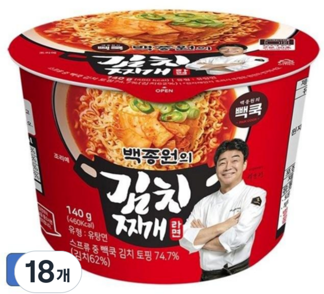 빽쿡 백종원의 김치찌개 컵라면 140그램, 18개