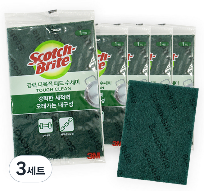 3M 다목적수세미 대형 강력 청소 녹색수세미 패드 AL-345 (대 150x230mm) (개별포장), 3세트, 5개