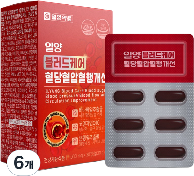 일양약품 일양 블러드 케어 혈당 혈압 혈행 개선 코엔자임Q10 바나바잎 은행잎추출물 기억력개선 항산화, 6개, 30정