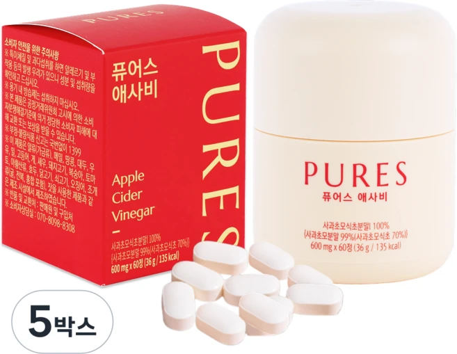 퓨어스 사과식초 애사비 애플 사이다 비니거 타블릿 알약 60정, 36g, 5박스 - 쿠팡