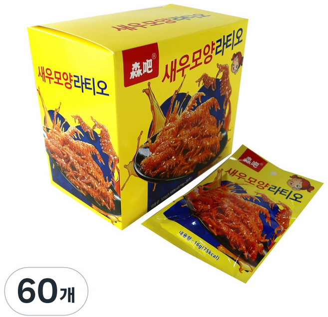 (배터짐) 썬빠특미 매콤 새우맛 모양 라티아오 라티오 쫀드기 맥주안주 간식, 60개, 16g