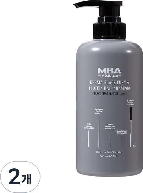 MBA 탈모완화 새치개선 두피영양 탈모케어 모발아 더마 블랙턴 앤 프로틴 헤어 샴푸, 2개, 500ml