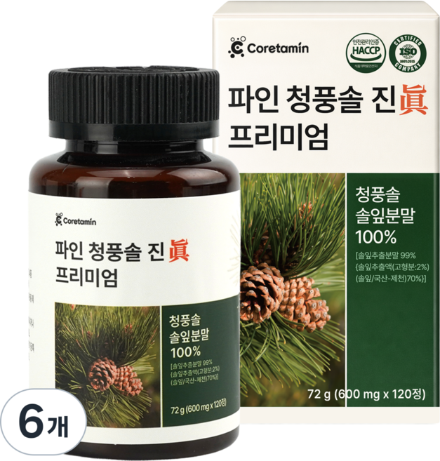 코어타민 파인 청풍솔 진 프리미엄 국산 솔잎 100% 식약청 인증 HACCP 추출물 농축액, 6개, 120정