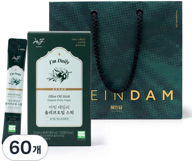 유기농 엑스트라버진 100% 혜인담 아임 데일리 올리브오일 스틱, 60개, 10ml