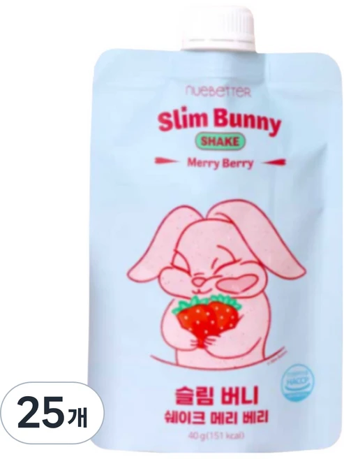 뉴베러 슬림 버니 단백질 쉐이크 파우치 4가지맛, 40g, 25개, 메리베리 딸기맛 - 쿠팡