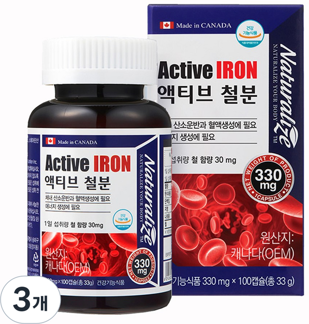 네추럴라이즈 액티브 철분, 100정, 3개