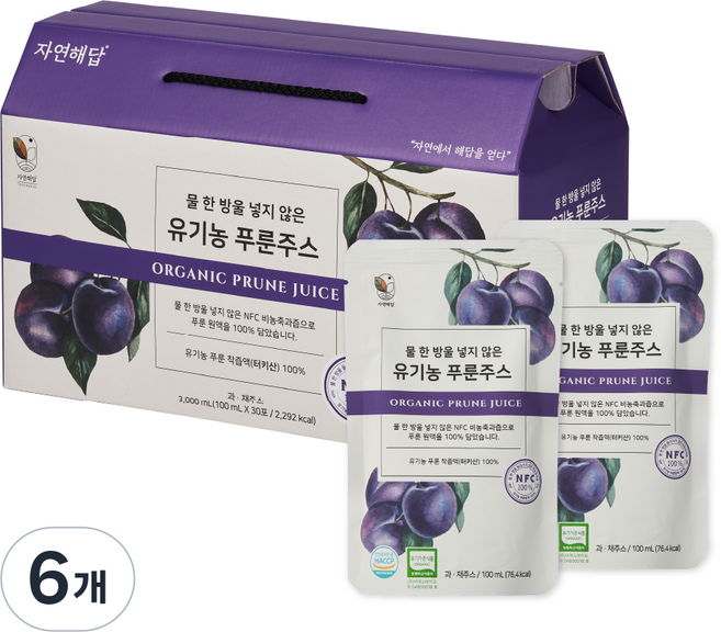 자연해답 유기농 푸룬 NFC 착즙액 주스 100%, 6개, 3L
