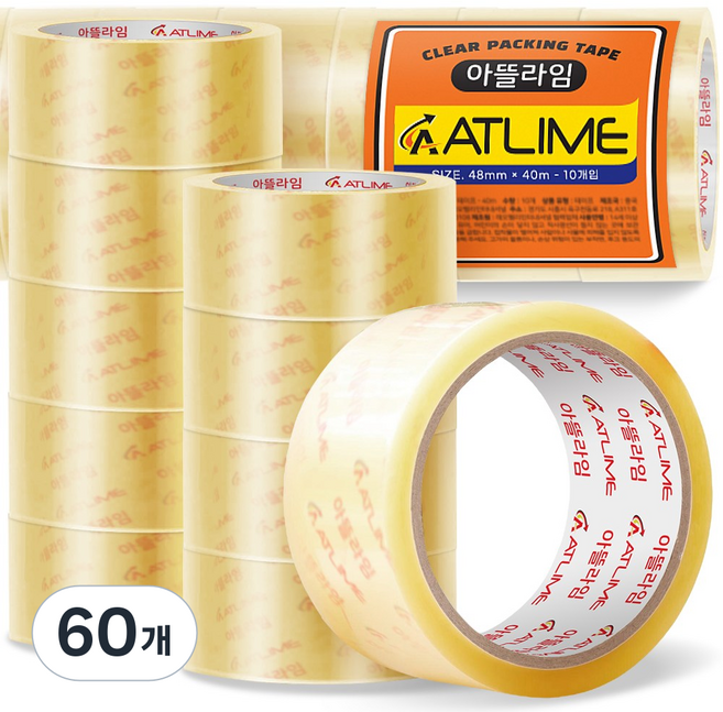 아뜰라임 튼튼한 다용도 포장용 투명 박스 테이프 48mm, 40m, 60개