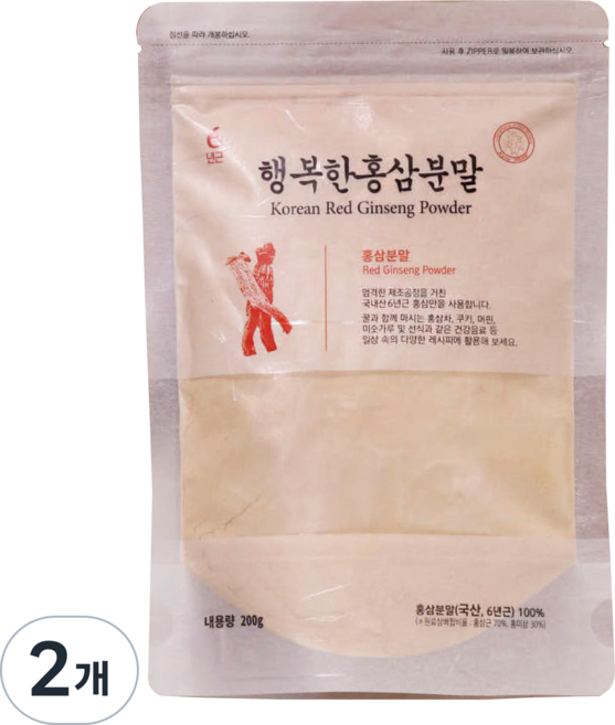 행복한 홍삼 6년근 홍삼 가루 분말 국산 100%, 행복한홍삼분말, 200g, 2개