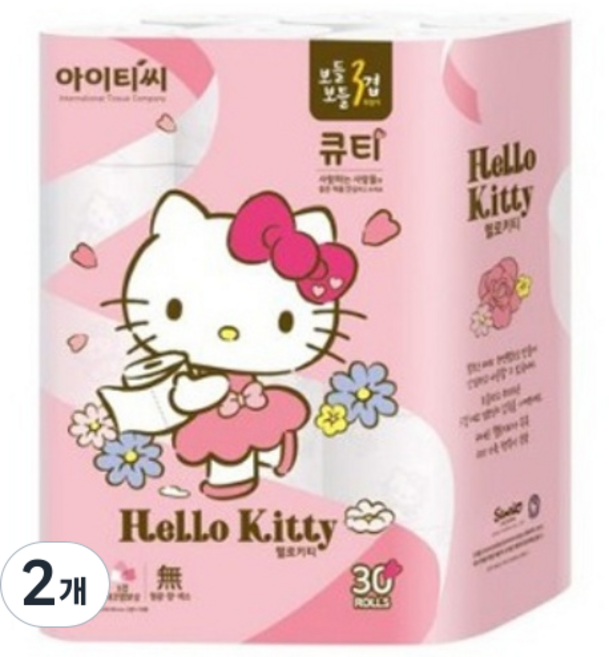 헬로키티 데코 큐티 천연 펄프 3겹 롤 화장지, 27m, 30개입, 2개