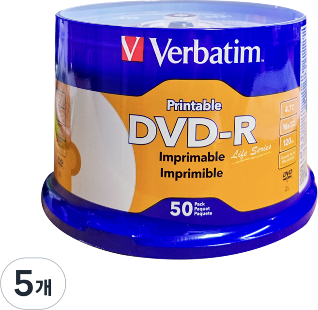 버바팀 DVD-R 50P 프린터블 4.7GB 16배속 50장 공디스크, DVD-R 4.7GB 50p CAKE 16X 프린터블, 5개