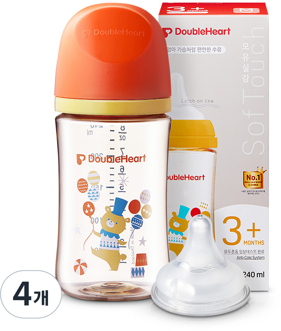 더블하트 모유실감 3세대 PPSU 디어프렌즈 젖병, 서커스베어(M 젖꼭지포함), 240ml, 4개