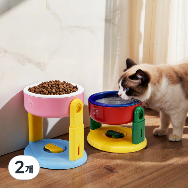 솔바람집 반려동물 컬러 높이조절 식기 3단계 높이 조절 기능, 핑크, 2개