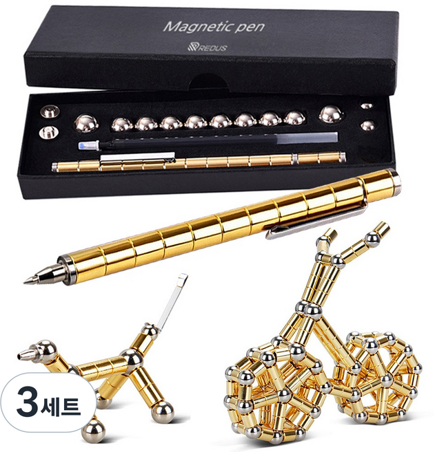 레더스 마그네틱 자석 블럭 볼펜, 골드, 3세트