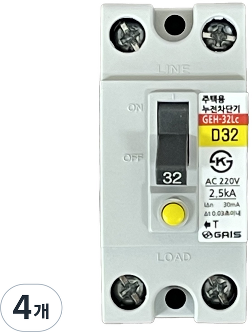 산업용 누전차단기 30A GAIS 공장 분전함용 배선용품 사무실 누전방지 차단스위치 감전방지 전원장치 국산 과부하 단락보호 겸용 전기누전공사 상가 매장 창고 가이스산전 전기차단기, 4개