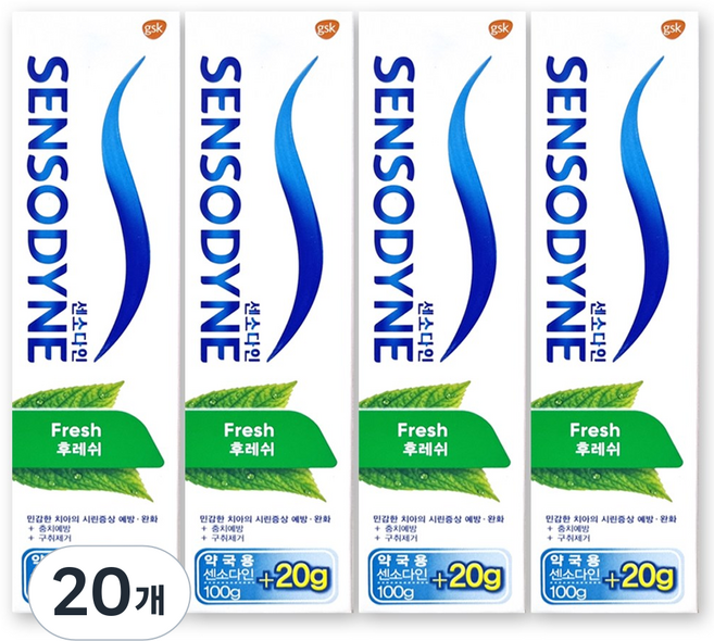 센소다인 후레쉬 치약 잇몸 충치 시린이 불소 치약, 120g, 20개