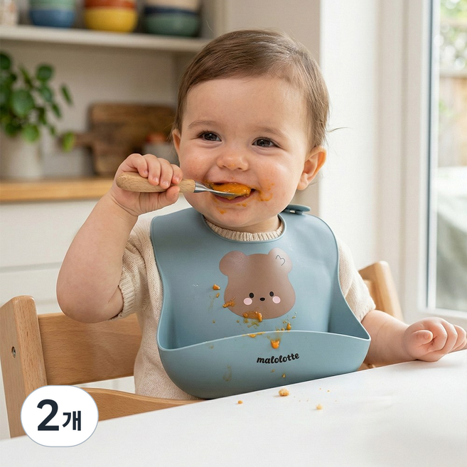 마롤로뜨 실리콘 아기 턱받이 실리콘빕 똑딱이 유아 자기주도 이유식 아기식판, 2개, 1개입, 블루 마고미