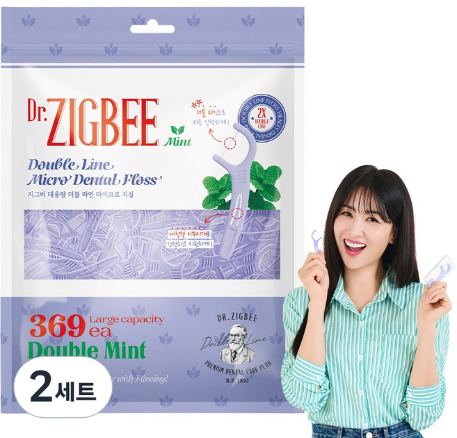 지그비 마이크로 더블라인 두줄 치실 여배우 Pick 더블민트향, 2세트, 369개입, 8cm