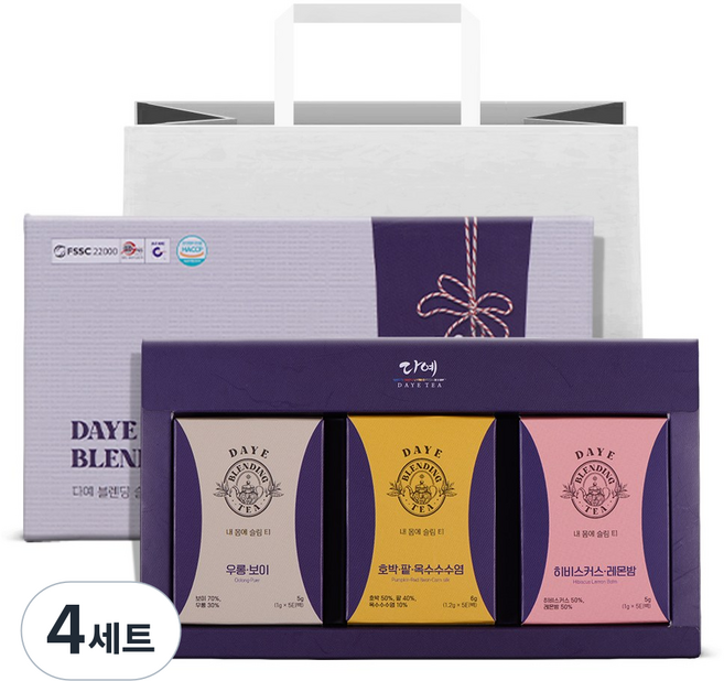 [본사직영] 다예 블렌딩 슬림티 3종 차 선물세트 쇼핑백+히비스커스 레몬밤+우롱 보이+호박 팥 옥수수수염, 4세트