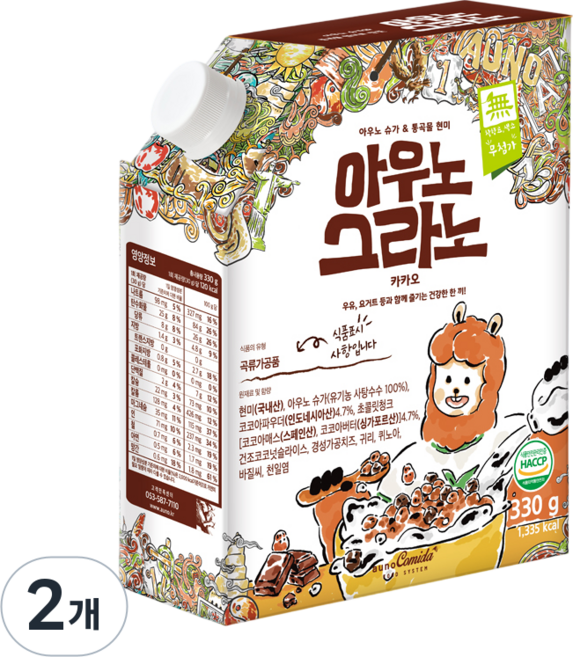 아우노 그라노 첨가물없는 카카오 그래놀라 씨리얼 어린이 유아 직장인 간식, 2개, 350g