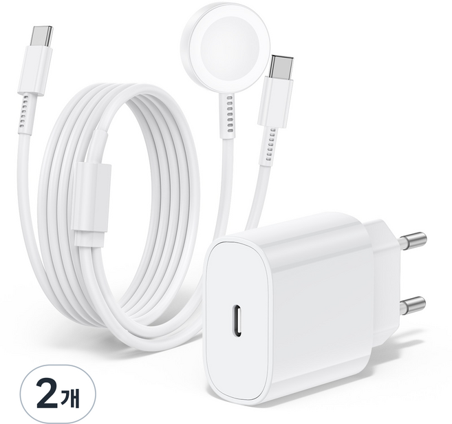 루미아코어 25W PPS PD 3.0 초고속 충전기 +갤럭시워치 호환 2in1 유무선 충전케이블 60W 180cm, 화이트 충전기+케이블, 2개, 1.8m
