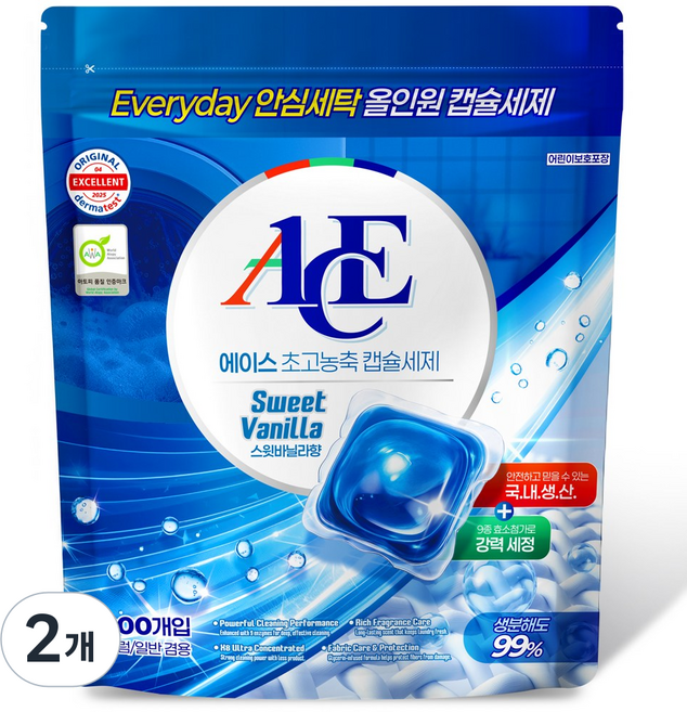 캡슐세제 에이스 코튼바닐라 세탁세제 대용량 일반용 드럼용, 2개, 200개입